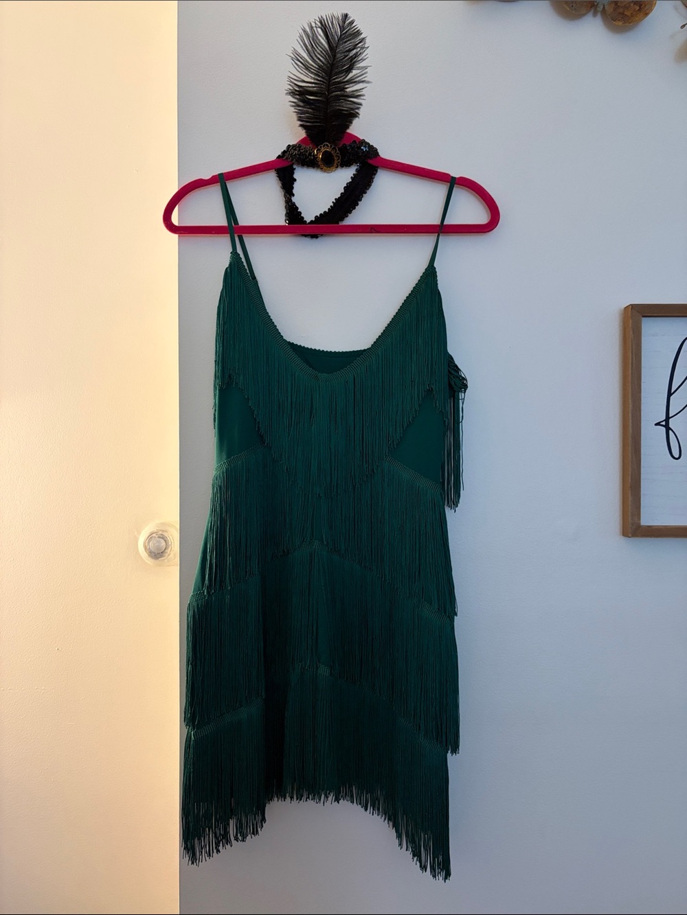Green Fringe Slip Mini Dress with Spaghetti Straps, Halloween costume